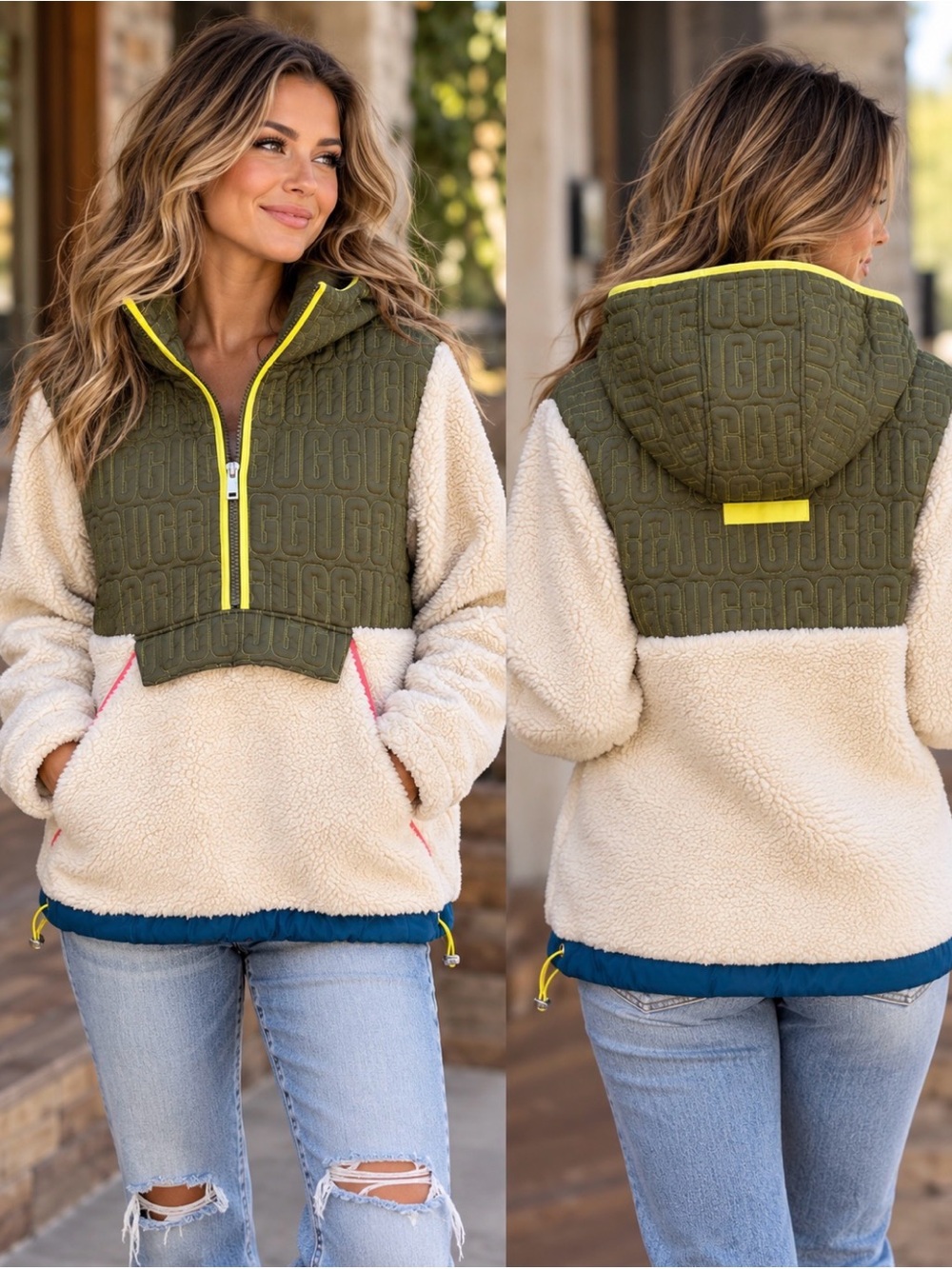 UGG Cozy Olive & Cream Fleece Pullover Jacket with Hood